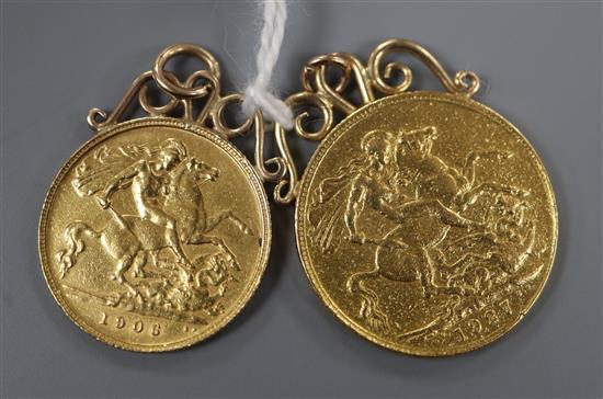 A George V 1927 gold sovereign and an Edward VII 1908 gold half sovereign, each in pendant mount, gross 12.9 grams.